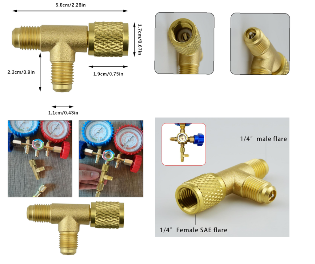 Adaptador T 1/4 SAE sistemas carga refrigerante aire acondicionado autos