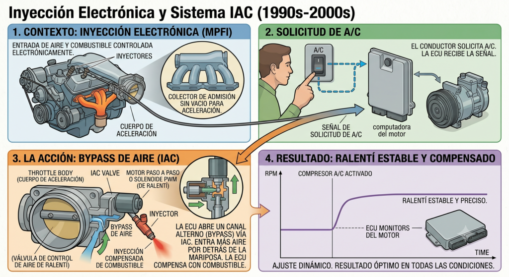 Era de la Inyección Electrónica y Válvulas IAC (Años 90 - 2000) para aire acondicionado del auto
