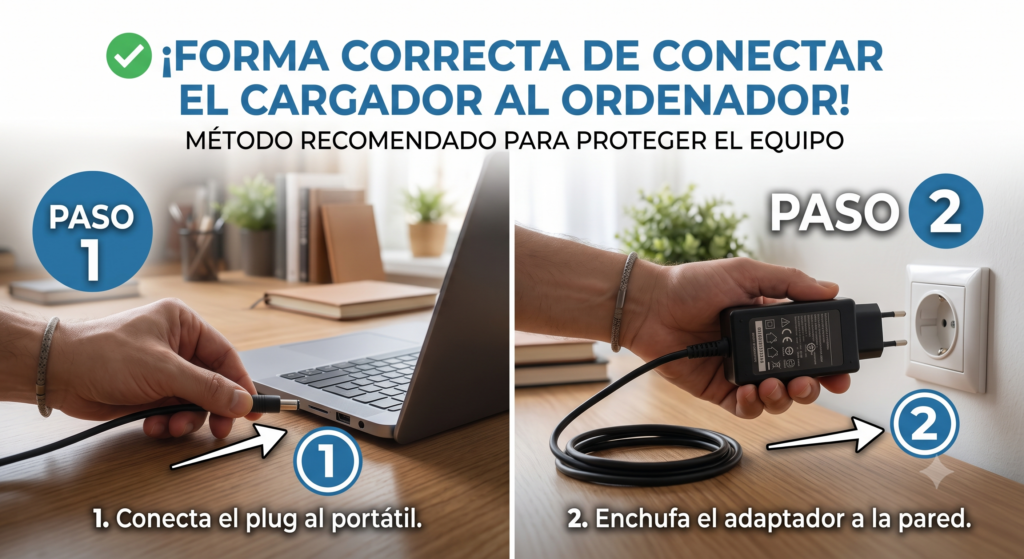 metodo correcto de conectar el cargador al ordenador portátil